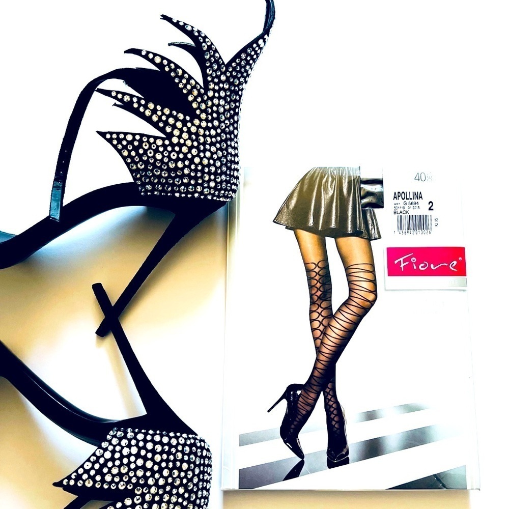 FIORE APOLLINA LUXURY BLACK 40 DENIER PATTERNED PANTYHOSE SHEER TIGHTS SIZE 2